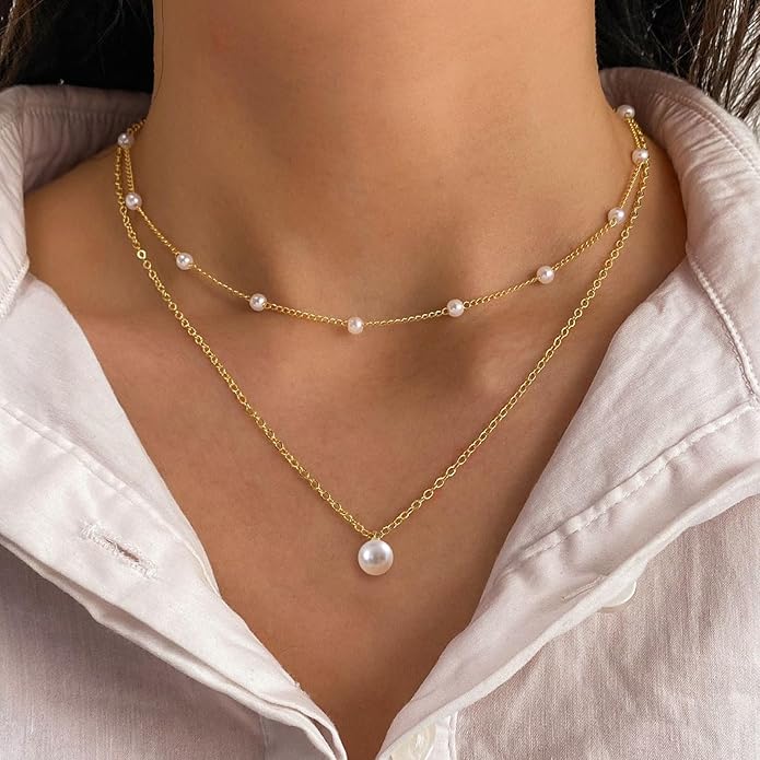 Zeffy Gold Pearl Necklace for Women, Dainty 14K Gold/Silve Plated Layered Pearl Choker Pearl Earrings Pearl Bracelets Wedding Trendy Gold Jewelry Set for Women Gifts