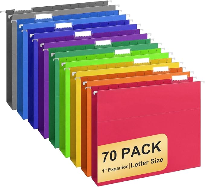 Hanging File Folders, 70 Pack Letter Size Hanging File folders with 1/5-cut Tabs, Stay Organized for Your Home and Office Bulk File, Documents and Paper, 10 Colors