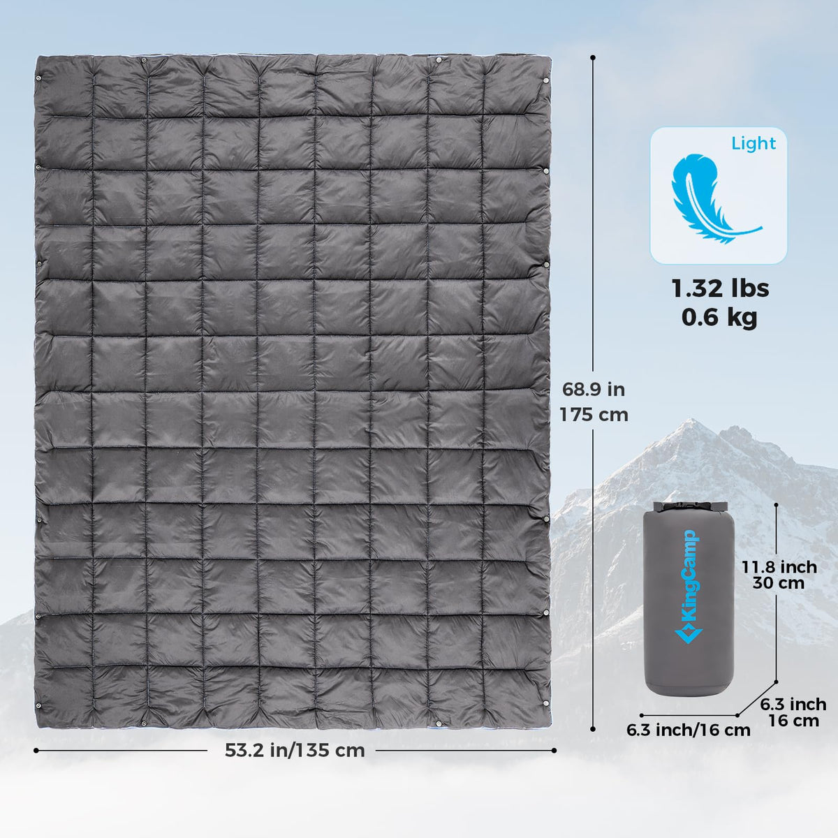 KingCamp Ultralight Camping Blanket, Packable Down Alternative Puffy Wearable Blankets Weatherproof Warm Package Quilt with Snap Buttons for Outdoor Hiking Travel Picnic Stadium (69" x 53", CHARCOAL)