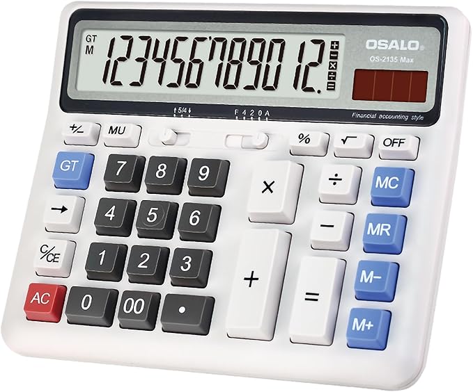 Desktop Calculator Extra Large LCD Display 12-Digit Big Number Accounting Calculator with Giant Response Button, Battery & Solar Powered, Perfect for Office Business Home Daily Use(OS-2135)