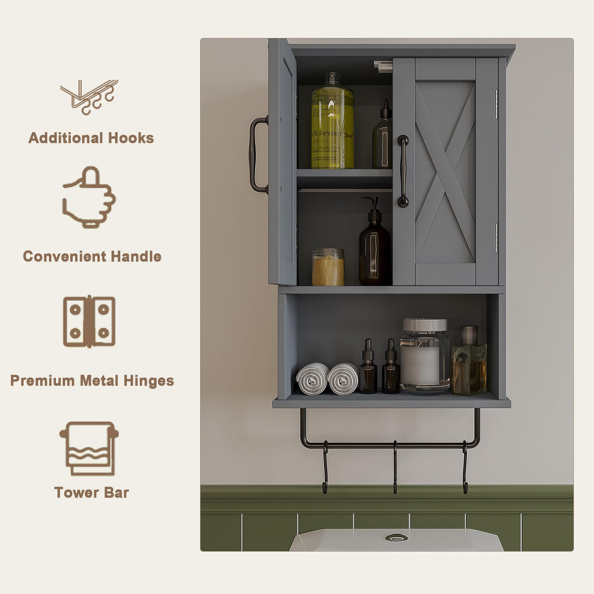 ChooChoo Farmhouse Medicine Cabinet, Bathroom Wall Cabinet with Adjustable Shelf, Towel Bar, 3 Hooks, Over The Toilet Storage Cabinet for Bathroom, Kitchen, Grey