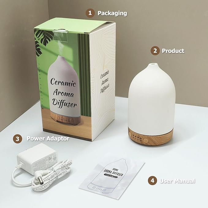 Essential Oil Diffuser Humidifiers, Aromatherapy Diffusers, Ceramic Essential Oil Diffuser, 7 Color LED Lights Auto Shut-Off, 4 Timer Mode for Office and Room 100ML White