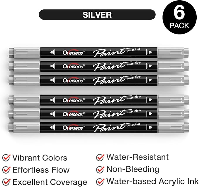 Overseas Silver Acrylic Paint Markers, 6 Pack Dual Tip Paint Pens Acrylic Markers - Dot and Brush Tip Coloring Marker for Wood, Rock, Canvas, Glass, Metal, Plastic, Rubber, Fabric, School Supplies