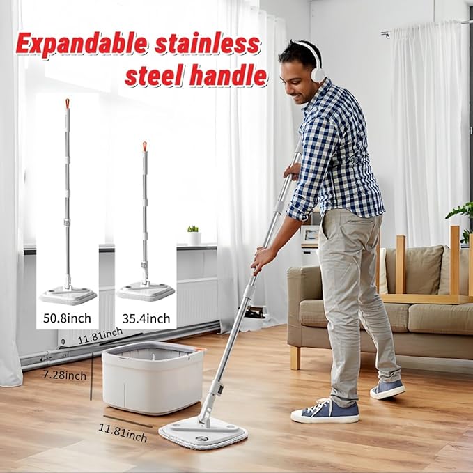Spin Mop and Bucket Set with Self Separation System 360° Spinning Self-Wringing, Square Clean Mop and Bucket with Wringer-with Replaceable Mop (Light Grey Mop and Bucket Set 6pads)