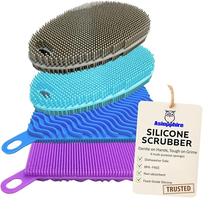 Silicone Sponges for Dishes - 4 Pack Dual-Sided Dish Scrubber and Sponge - Food Grade, BPA Free Silicone Dish Sponge & Housecleaning