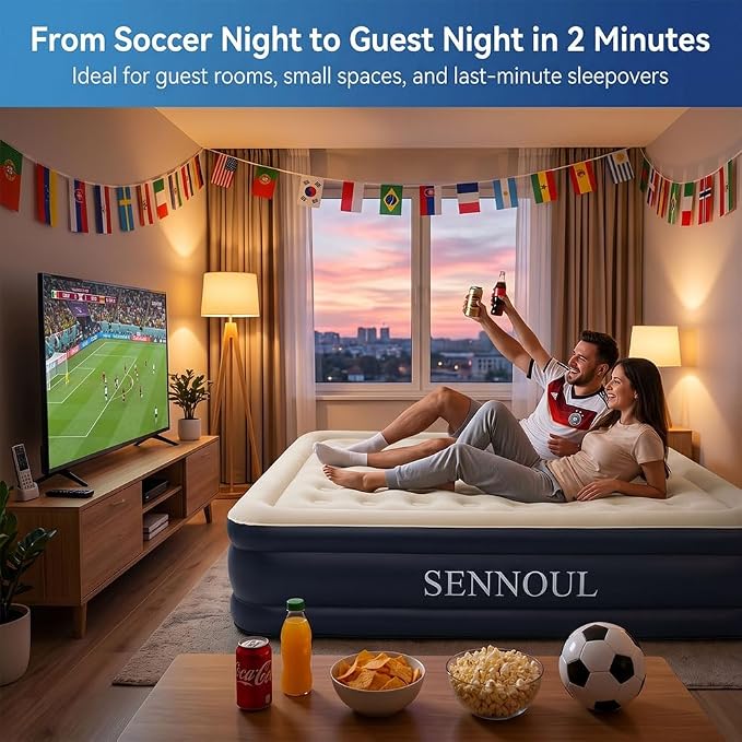 SENNOUL Air Mattress Queen with Built in Pump, Inflatable Mattress Blow Up Mattress 16 Raised Comfort,Upgraded Surface Portable Bed, Air Bed for Home, Guest, Camping, Colchone Inflable, 650 lbs