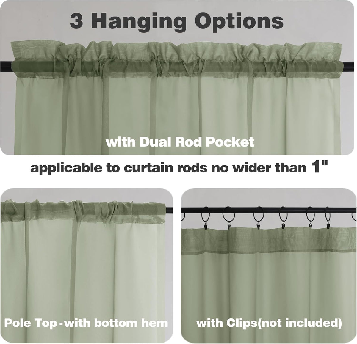 Chyhomenyc Sage Green Sheer Curtains 54 Inch Long 2 Panels Set, Short Rod Pocket Voile Drapes for Dinning Small Windows Bathroom Living Room Bedroom, Each 42Wx54L in, 2PCS, Sage Green