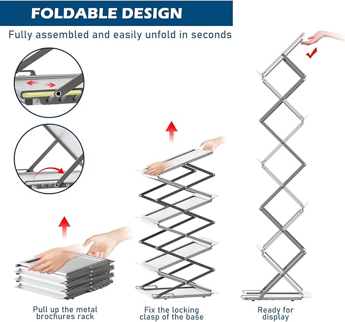 6 Pockets Foldable Aluminum Magazine Rack - Brochure Display Stand, Brochure Catalog Literature Display Stand with Carrying Bag for Exhibition, Trade Show, Office, Retail Store
