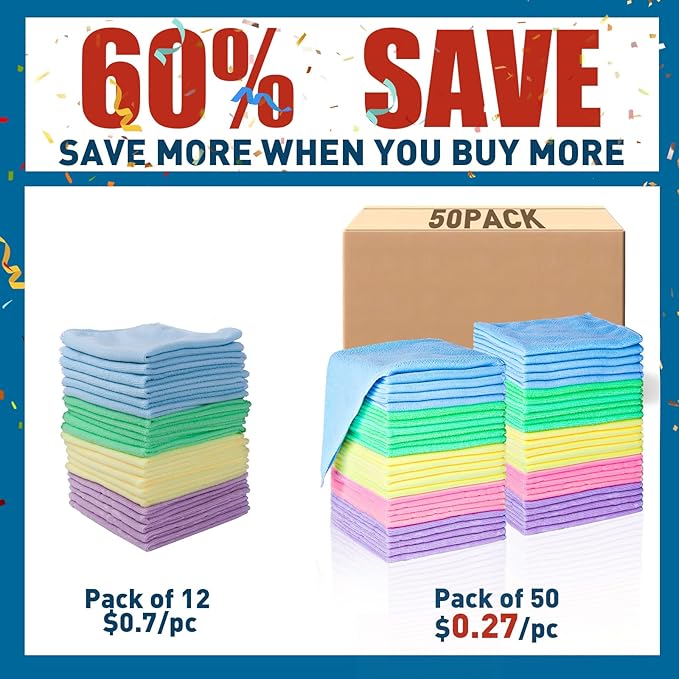 Microfiber Cleaning Cloths-50 Pack, Microfiber Towels Bulk, Towels for Cars & Home, Cleaning Rags 5 Colors Assorted (12x12 inches)
