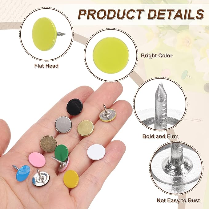 uxcell 120Pcs Push Pins, 11mmx10mm Round Flat Head Decorative Thumb Tacks Upholstery Tacks for Cork Board Office Wall Hangings, Light Yellow