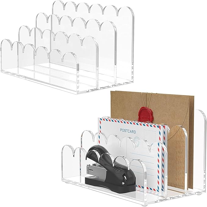 YAGELI 2 Pack 3-Slot Acrylic Mail Organizer for Desktop – Scalloped Clear Document Sorter, Vertical File Holder for Office/Home, Space-Saving Desk Organizer for Letters, Bills, Stationery