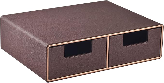 Linen Leather Desk Organizer and monitor stand with Drawers－Mini Desktop Drawer Organizer Stackable－Tabletop Organization Storage Box for Office Supplies Home Vanity Toiletries (Brown, 2-drawers)
