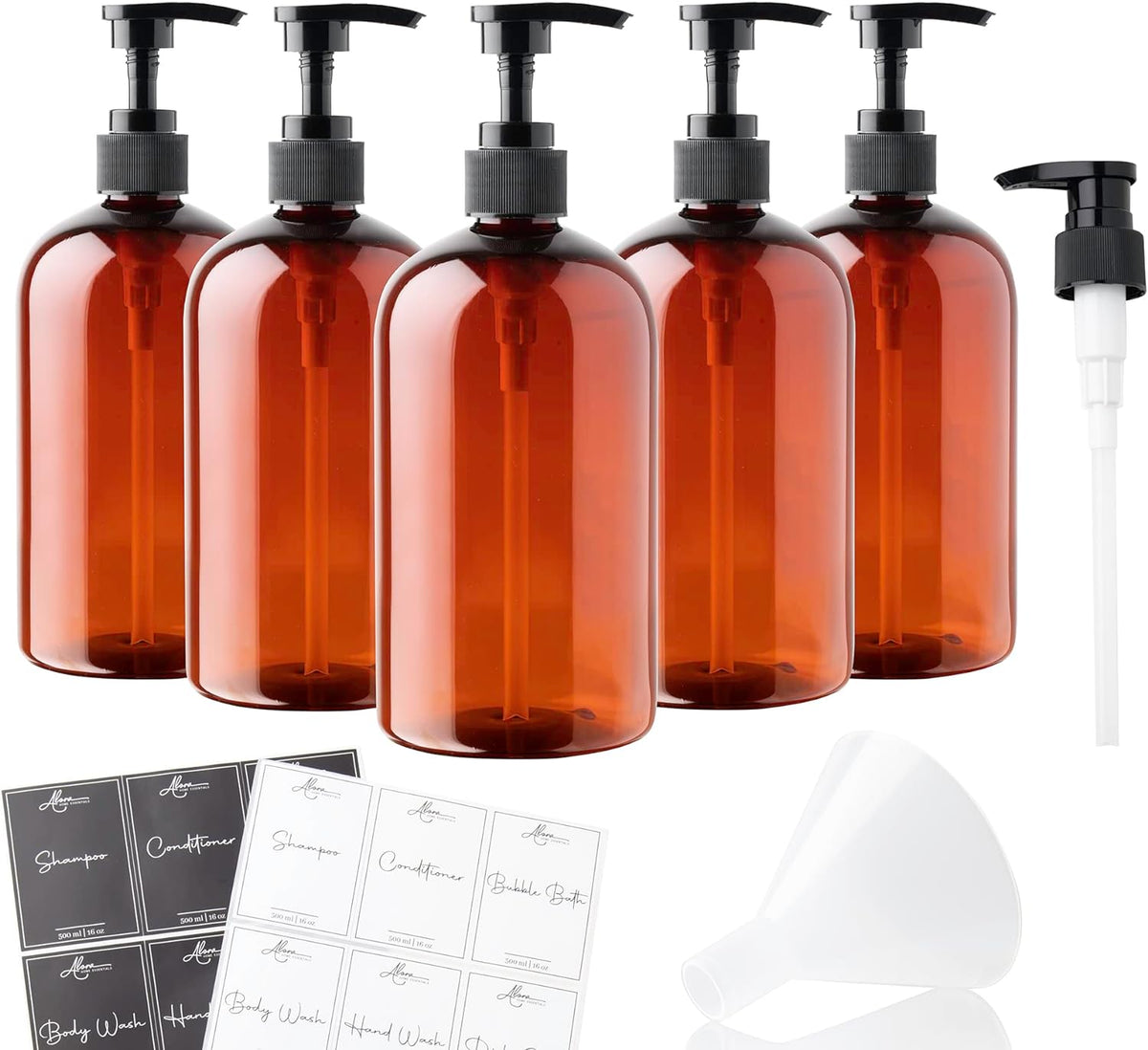 Alora 5-in-1 Apothecary Bottles for Home & Commercial Use - 16oz Elegant 8.5x3in Refillable Amber Shampoo Storage, Handwash, Massage Oils - Includes 24 Waterproof Labels, Bonus 2CC Pump & Funnel