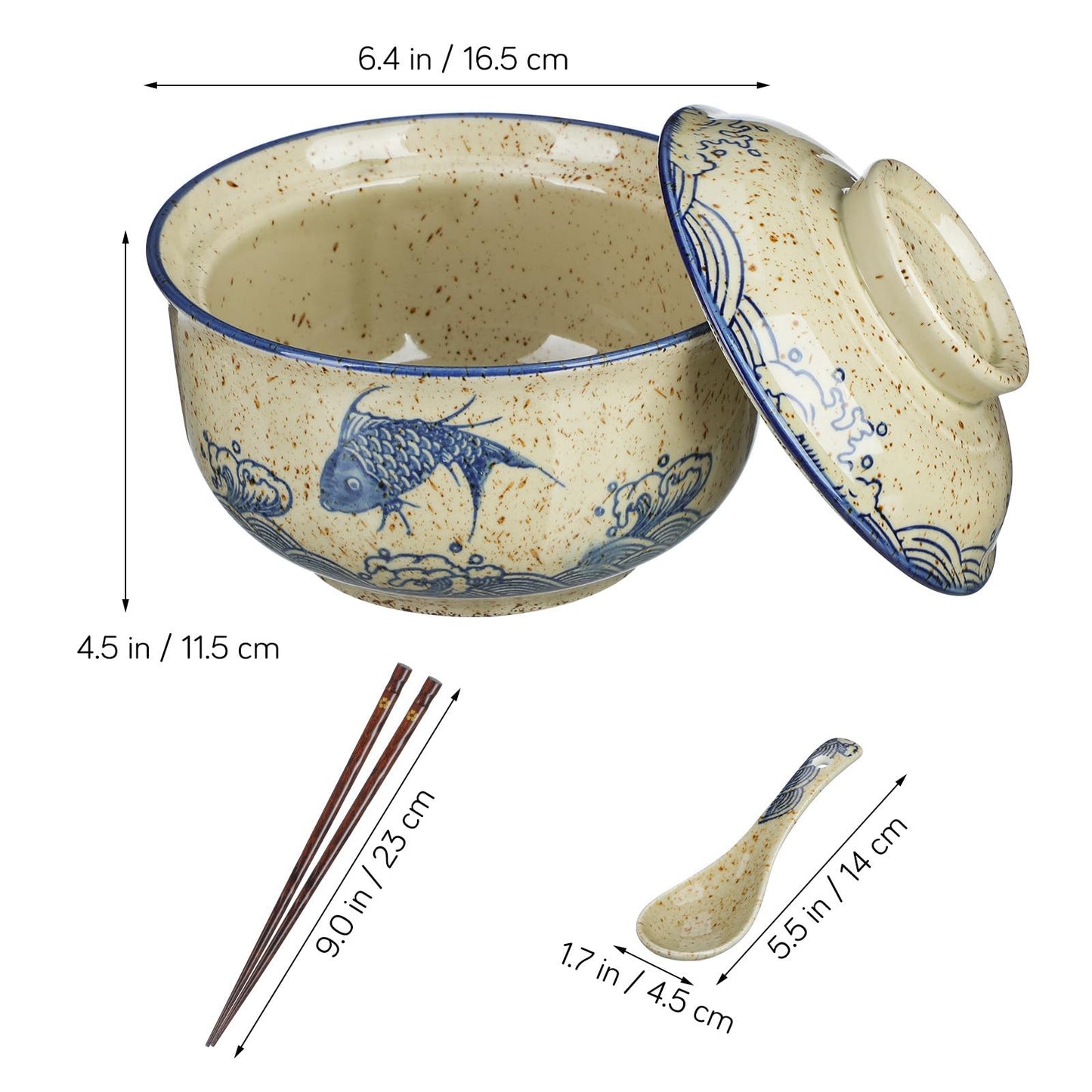 Cabilock 2 Pieces Ceramic Ramen Bowls, 25 Oz Large Soup Bowl with Lid, Spoon Chopstick Japanese Tableware for Noodles, Salad, Rice, Microwave Dishwasher Korean Clay Pot - Fish