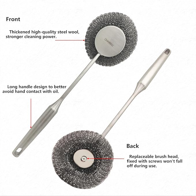 Stainless Steel Wool Scrubber Set, Long Handle & Handle Brushes,Metal Brush for Pots, Pans, Grills & Cutlery Cleaning (3 Pack)