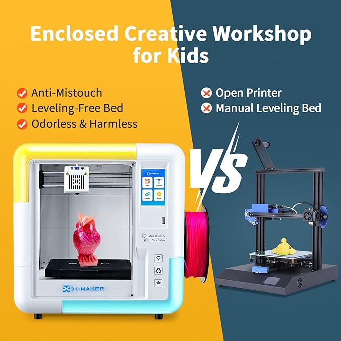 X-Maker 3D Printer for Kids and Beginners, Fully Assembled High-Speed 3D Printer with 8 PLA Filament Set, Leveling-Free Bed, Wi-Fi Printing, Resume Printing, Silent, High Precision, with App