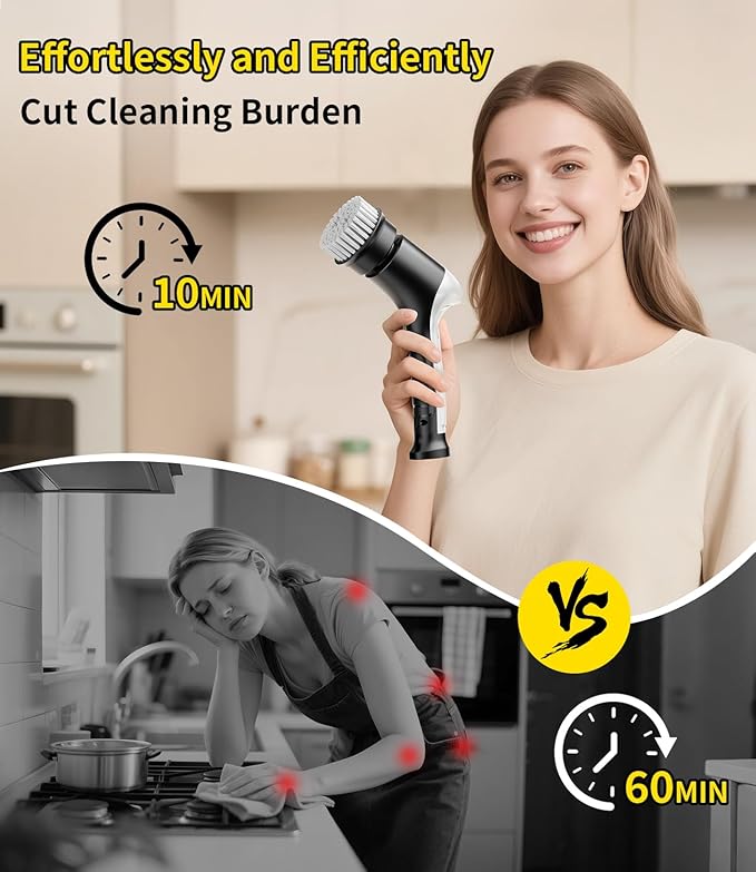 Electric Spin Scrubber, Cordless Household Cleaning Brush with 6 Replaceable Heads, 3 Speeds, LED Display, Lightweight Handheld Power Scrubber for Cleaning Stove/Bowl/Sink/Corner/Tile/Grout-Black