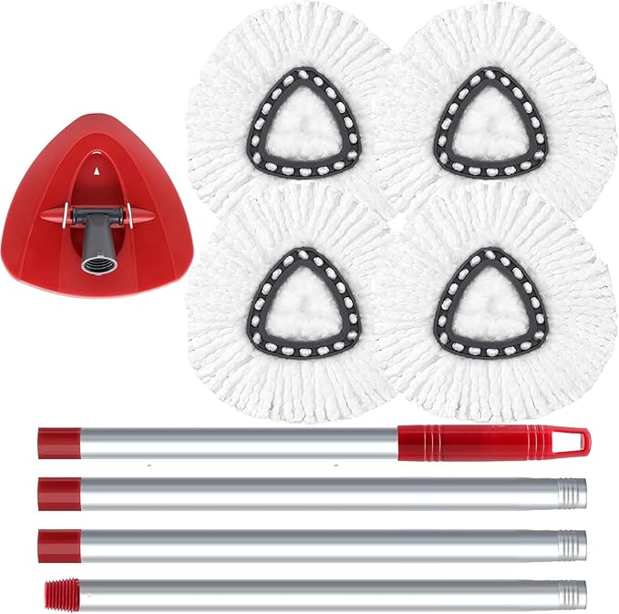 Spin Mop Head, Base, Handle Replacement for O-Ceda EasyWring 1 Tank System,4 Microfiber Mop Refills, 1 Base and 30-58in Handl Set Combo (White 1 Tank System)