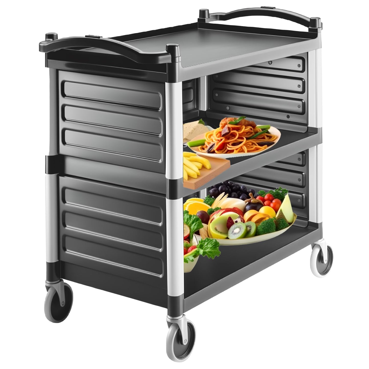 3-Tier Heavy-Duty Metal Service Utility Carts,Storage Mobile Kitchen Cart with Handle & Lockable Wheels,Portable Rolling Cart for Home Hotel Restaurant Garage Kitchen Office Organization