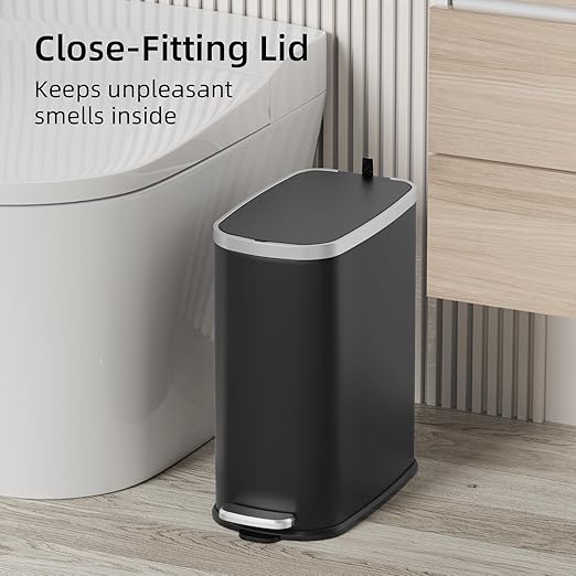 KUK Slim Bathroom Trash Can with Lid Soft Close, Step Pedal, 2.6 Gal/ 10L Stainless Steel Garbage Can with Removable Inner Bucket, Anti-Fingerprint Wastebasket for Office, Bedroom, Toilet (Black)