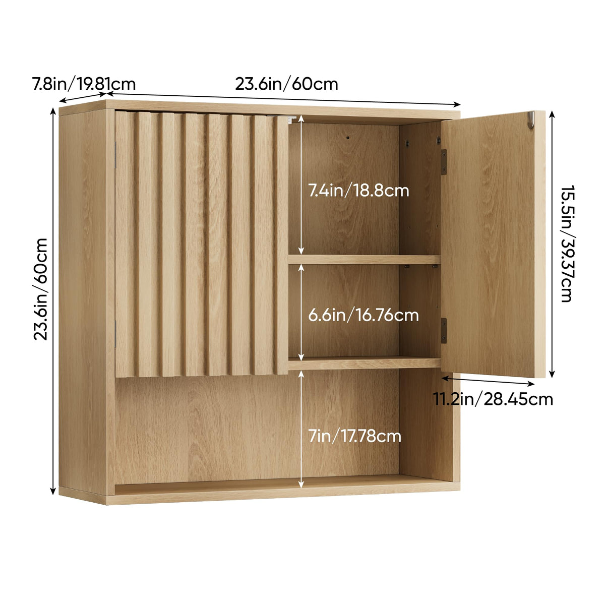 Smart FENDEE Bathroom Wall Storage Cabinet with Fluted Doors, Medicine Cabinet with Adjustable Shelf, Over The Toilet Storage Cabinet for Laundry Room & Kitchen & Living Room, Natural Oak