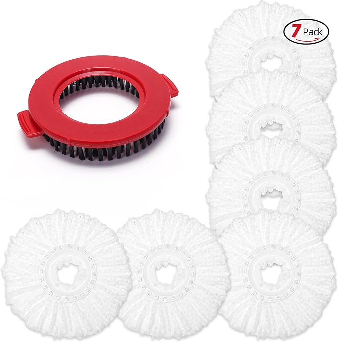 6-Pack White Mop Replacement Heads with 1 Spin Mop Scrub Brush - Microfiber Replacement Mop Heads Universal for 360°Spin Magic Mopping,Round Shape Standard Size