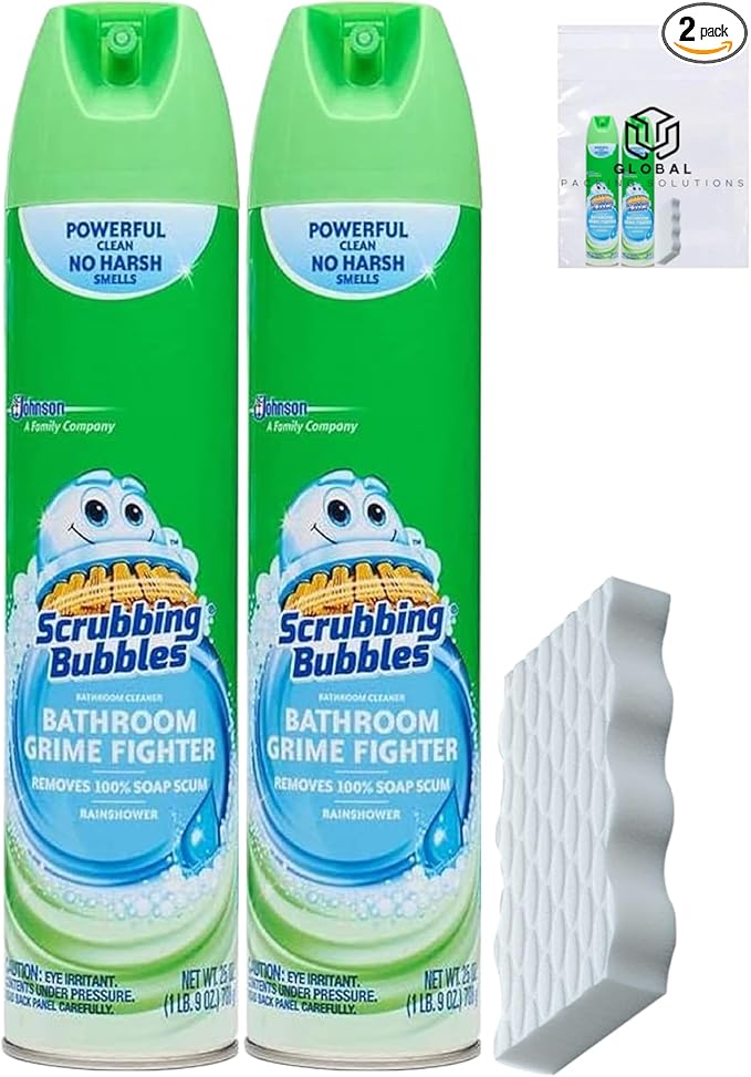 Scrubbing Multi Surface Bathroom Cleaner, Rainshower Scent, Grime Fighter, 25 Fl Oz (Pack of 2) Bundled with Magic Eraser Extra Durable Scrubber Sponge