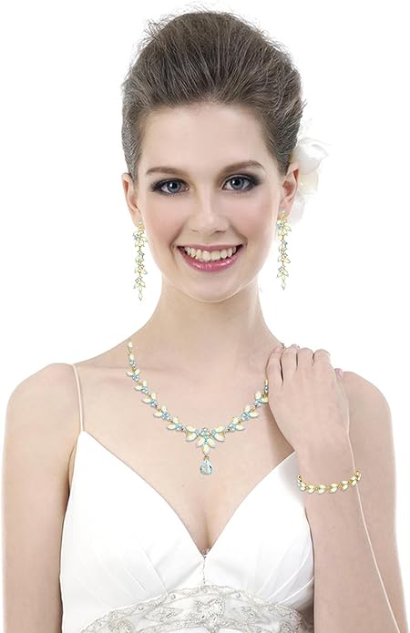 Wedding Jewelry Sets for Bride Bridesmaid Bridal Jewelry Set for Women Wedding Crystal Necklace Earrings Bracelet Set for Party Prom Jewelry