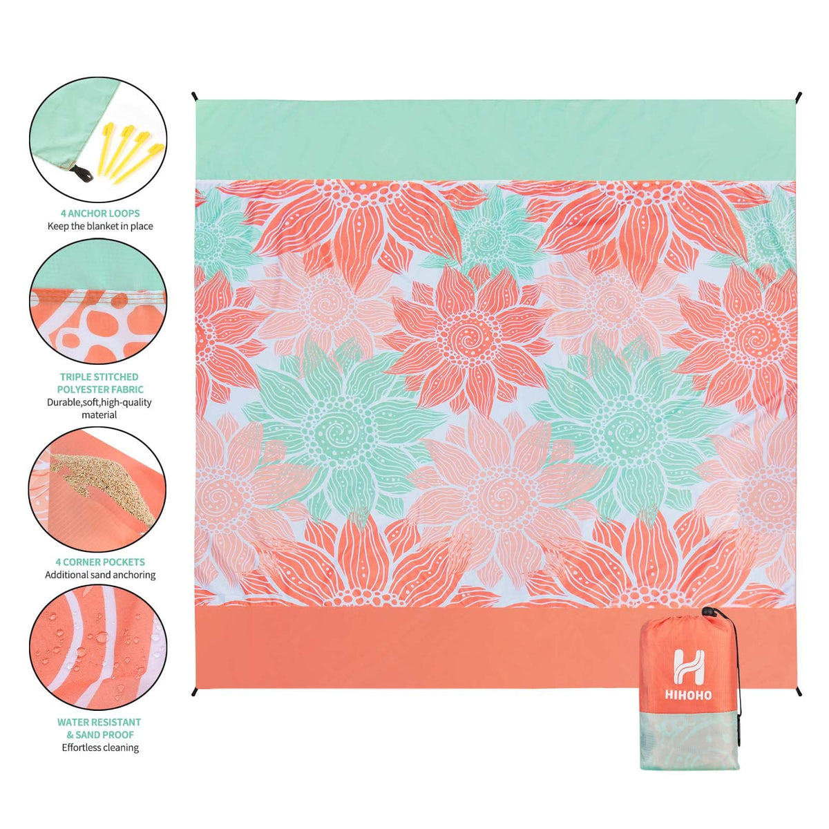 HIHOHO Beach Blanket Waterproof Sandproof Extra Large Beach Mat 79" X 83"/120"x108"for 1-8 Adults Quick Drying Durable Outdoor Picnic Mat for Beach Travel Camping Hiking
