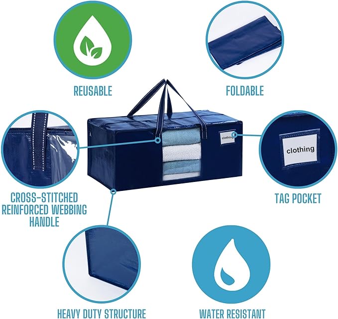 VENO 6 Pack Moving Bags Extra Large Storage Bags for College Move-In, Heavy-Duty Storage Totes, Packing Boxes, and Wardrobe Moving Supplies - Durable Laundry Bags for Clothes (Blue w/Window, 6 Pack)