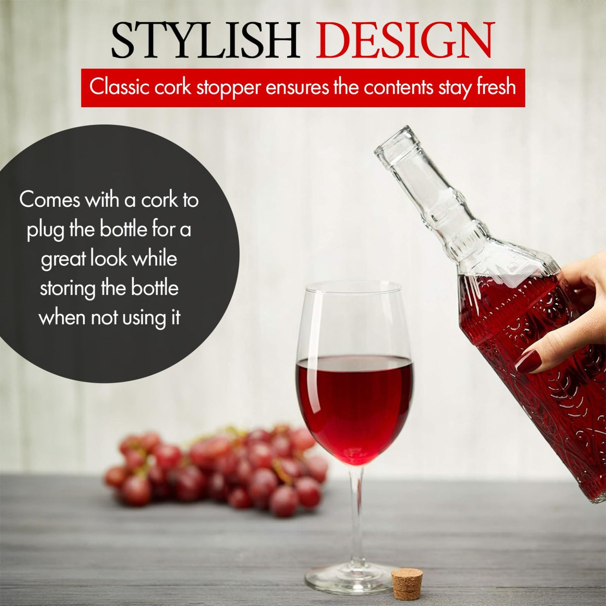 BULK PARADISE Large Clear Decorative Glass Bottle with Spout and Cork, 32oz, 1 Bottle - Design: VINO (3in X 11.9in)