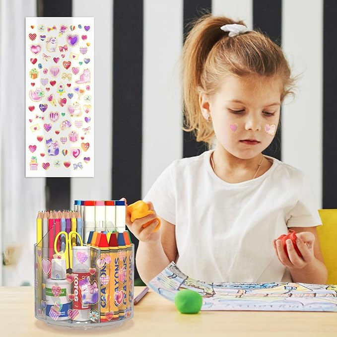 Acrylic Pencil Organizer for Desk 4 Compartments with Adhesive DIY Sticker, Rotating Art Supply Organizer with Kawaii Sticker Kids, Spinning Round Marker Organizer Small Supply Organizers Caddy