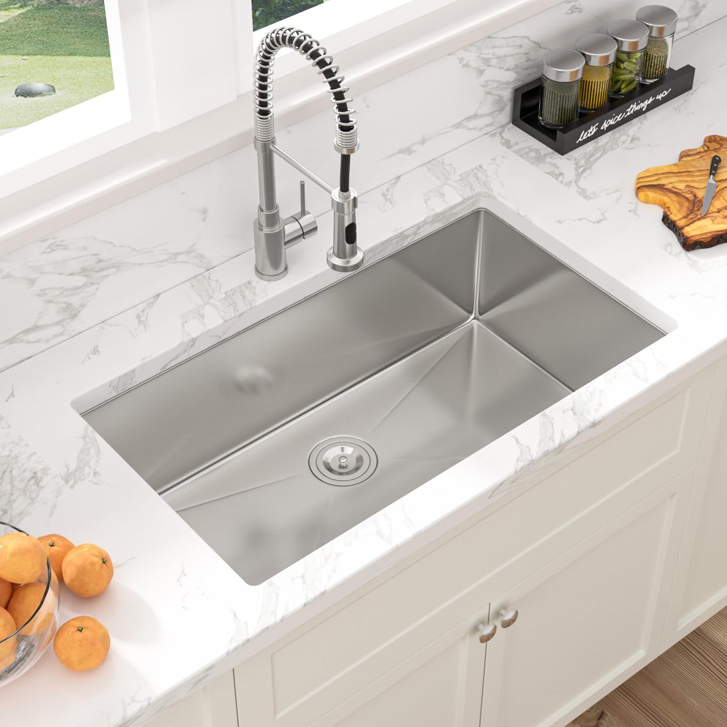 Sarlai 33 Inch Undermount Kitchen Sink - 33 x19 Kitchen Sink Undermount Single Bowl Stainless Steel 16 Gauge Under Counter Sink With Accessories Round Corners