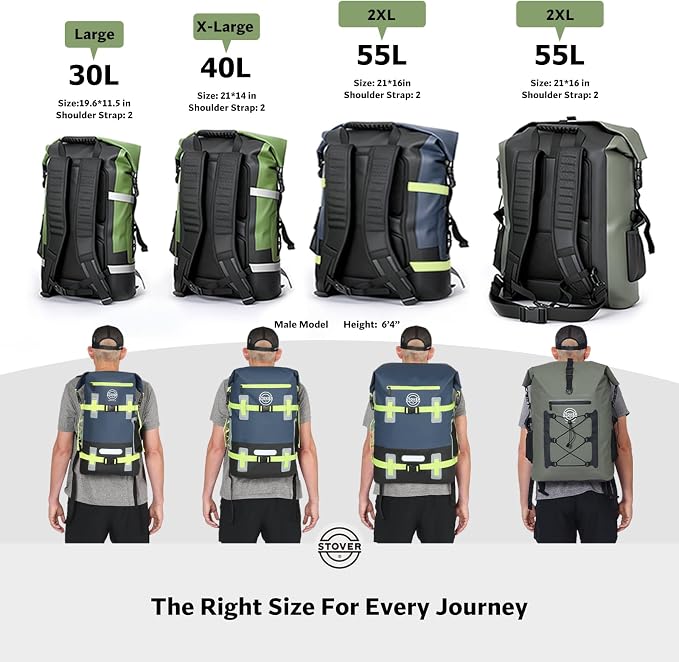 STOVER 55L Waterproof Dry Backpack & Phone Case - 2XL Floating Dry Bag for Kayaking, Travel, Hiking, Fishing, Camping, Motorcycles & Beach, Heavy-Duty Roll Top Men/Women (Navy Blue/Black/Green)
