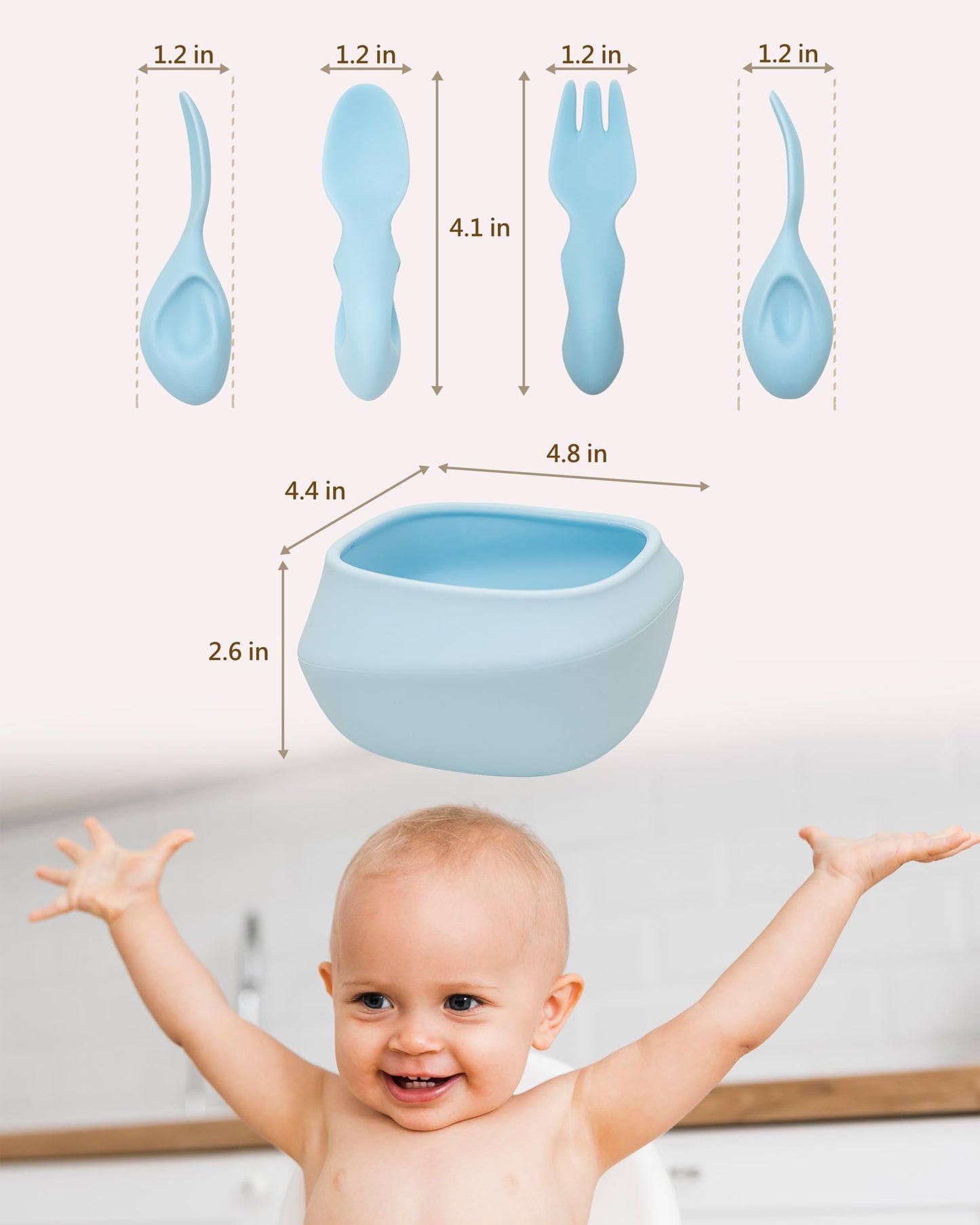 Tiny Genius Toddler Utensils Set Ergonomic Fork and Spoon and Bowl Set Non-Slip Design for baby 1-4 Year Olds Self-Feeding BPA Free Silicone Microwave and Dishwasher Safe Fine Motor Skills (Blue)