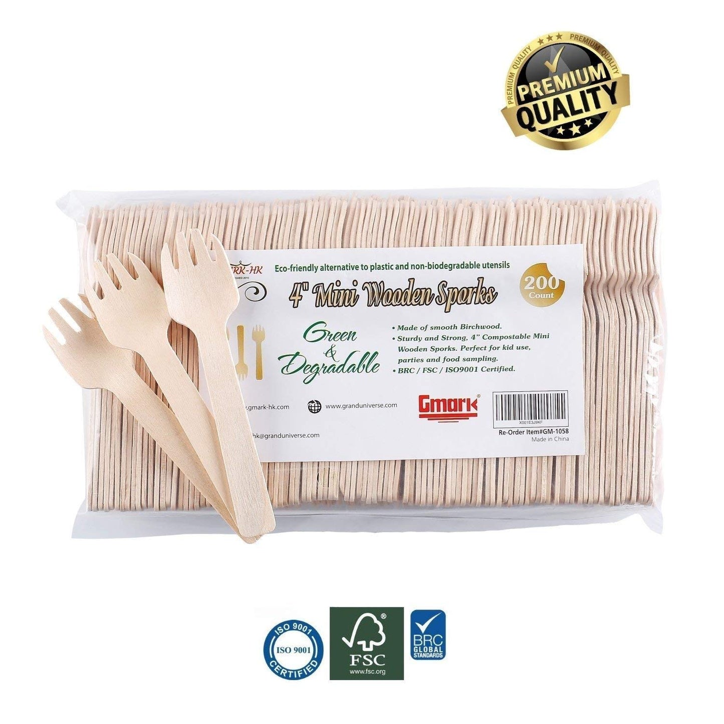 Gmark 1.5mm Extra-Thick Mini Wooden Sporks (4 Inch) - 200 Count Heavy Duty 2-in-1 Birch Wood Utensils - Sturdy No-Snap Small Fork-Spoon Combo for Appetizers & Desserts - Eco-Friendly GM1058