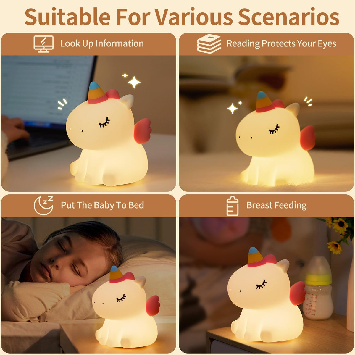 AVACOM Unicorn Night Light for Kids - Cute Nursery Night Light, LED Squishy Unicorns Lamp, Silicone Unicorn Dimmable Light up Duck, Rechargeable Bedside Touch Lamp for Breastfeeding, Bedroom