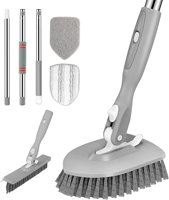 SetSail 4-in-1 Tile Tub Floor Scrubber with 52-inch Long Adjustable Handle Shower Cleaner Brush with V-Shaped Grout Brush and 3 Replacement Brush Heads for Bathroom Kitchen Sink Walls Tub Tile, Grey