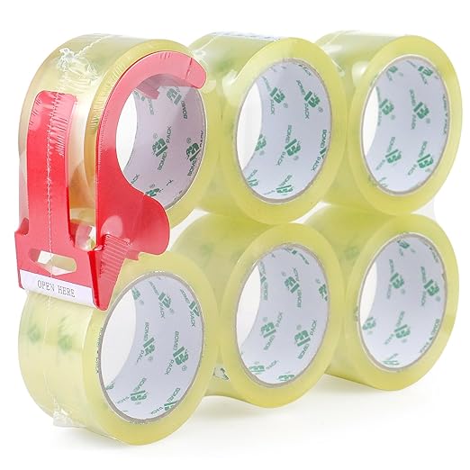 BOMEI PACK 6Rolls Clear Yellowish Packing Tape Refills, 2.4 Mil 1.88 Inch x 60 Yards, Packaging Tape with Dispenser for Moving, Shipping and Storage