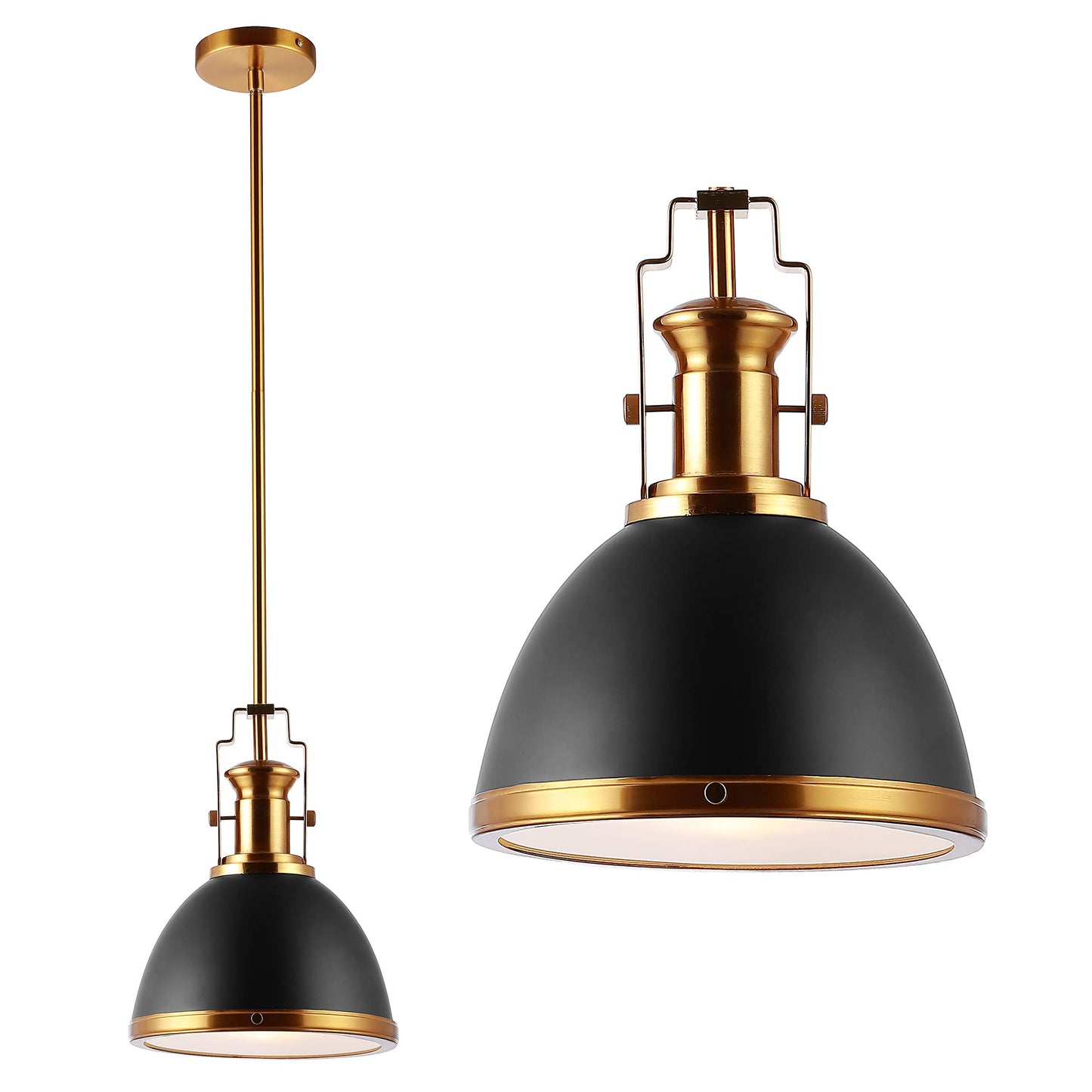 JONATHAN Y 10" Black/Brass Gold Modern Industrial Iron LED Dome Pendant Light, Adjustable Hanging Fixture for Kitchen Island or Entryway, Black Metal Shade, LED Bulb Included JYL9535A