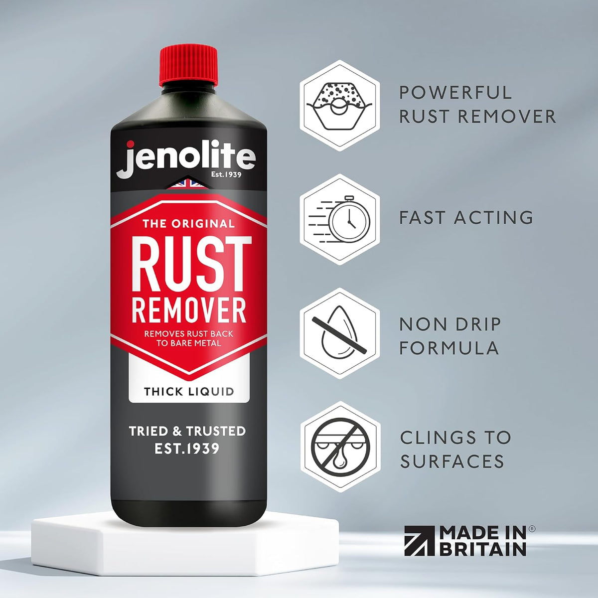 JENOLITE Rust Remover for Metal - Fast Acting No Drip Thick Liquid - Industrial Strength, Removes Rust Back to Bare Metal - 34 oz (1kg)