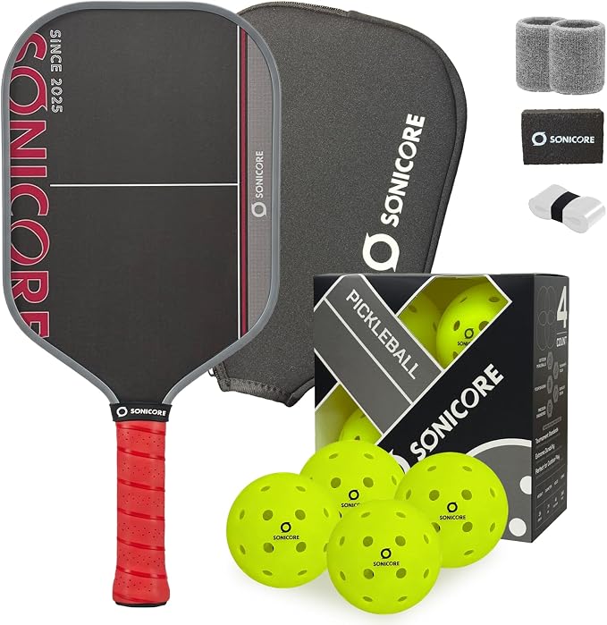 SONICORE Pickleball Paddle Set Bundle, T700 Carbon Fiber 16mm Core, 1 Paddle, Cover, Wristbands, Grip Tape, Eraser, 4 Premium Balls | Turbo Red