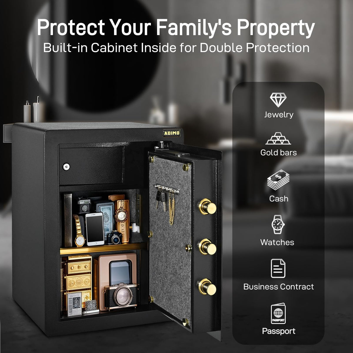 ADIMO Safe, 2.1 Cuft Heavy Duty Steel Home Safe Box with Digital Keypad&Key Lock, Built-In Lockable Cabinet, Hidden Money Box Storage for Document Jewelry w/Fireproof Waterproof Bag Home Office
