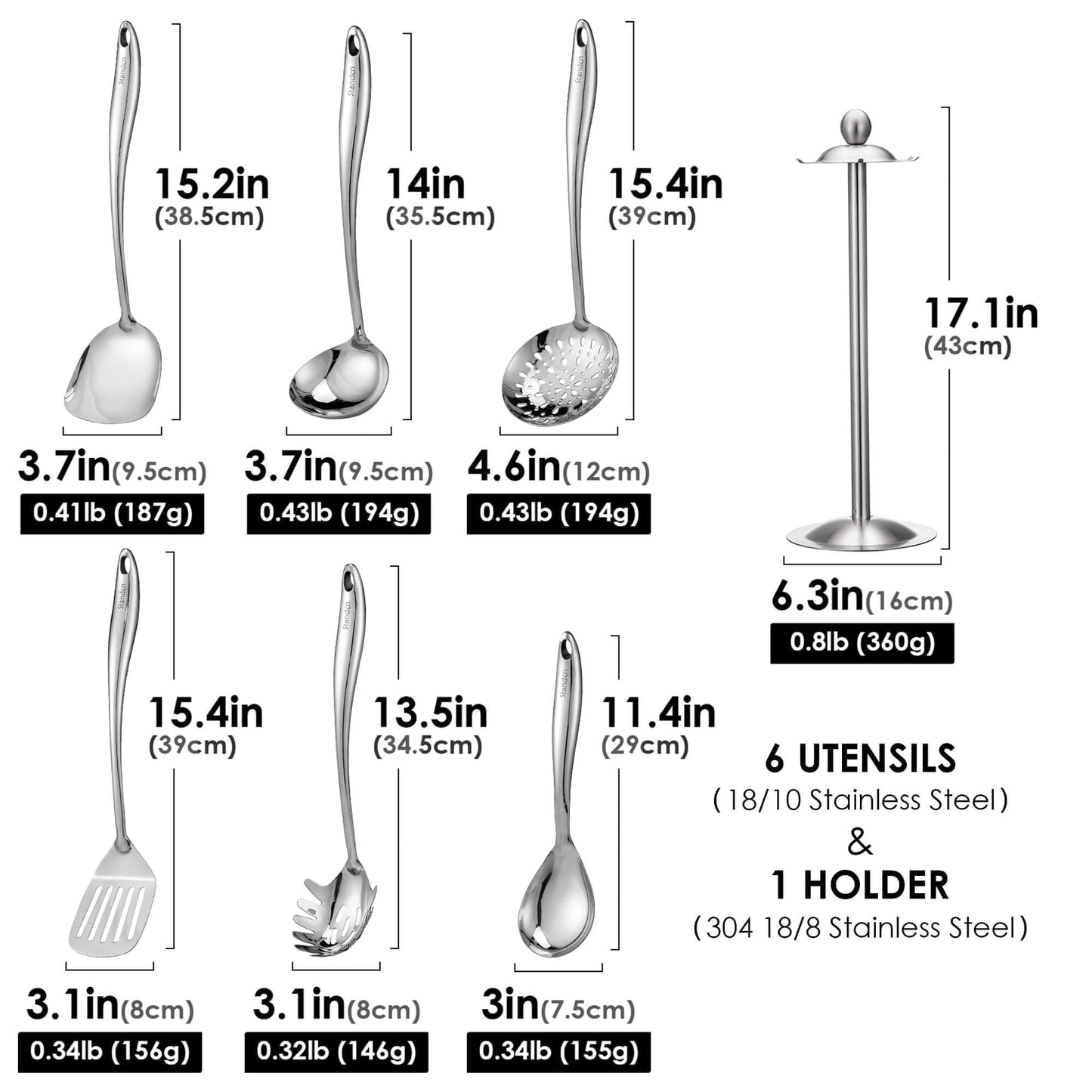 18/10 Stainless Steel Cooking Utensils Set with Holder, 7-Pieces All Metal Kitchen Utensils, 15’’ Long Kitchen Tools with Countertop Rotating Stand, Spatula, Ladle, Skimmer, Tunner, Pasta, Large Spoon