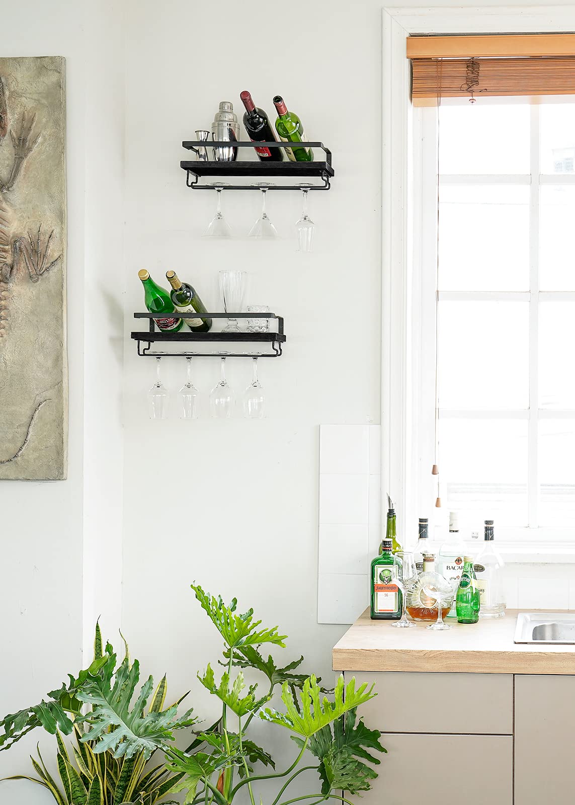 Mkono Wall Mounted Wine Rack Set of 2 Wood Shelf Rustic Wine Bottle Glass Floating Shelves with Stemware Hanger Modern Plants Photos Wine Display Storage Holder for Kitchen Dining Room Bar, Black