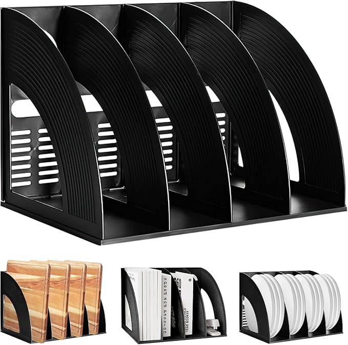 SAYEEC File Holder Storage Folder 4 Compartment Standing Desktop Hollow Organizer Black Files Shelf Frame Thicken Plastic Paper Notebook Magazine Bookstore for Office School Supplier Students