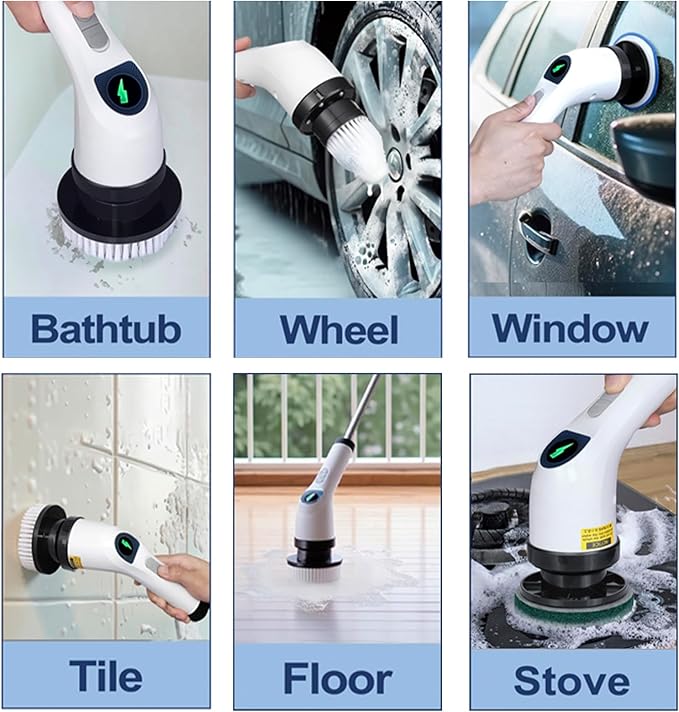 Electric Spin Scrubber for Cleaning - Shower Scrubber with Long Handle and 7 Replaceable Heads - 2 Speed Cordless Shower Brush for Cleaning with Long Battery Life, White