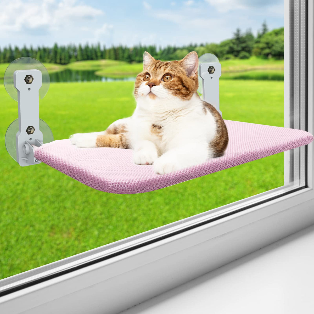 Foldable Cat Window Perch, Cordless Cats Window Hammock Window Bed for Indoor, Large Window Seat Sill Cat Perch, Strong Suction Cup & Sturdy Metal Frame & Breathable Mat