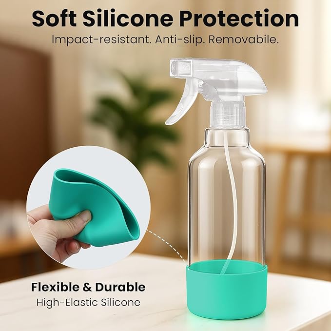 Glass Spray Bottles with Silicone Sleeve 16.9oz 2 Pack Empty Spray Bottle for Hair Mist/Stream Spraying for Cleaning Solutions, Plants, Essential Oils (clear-qblue&green)