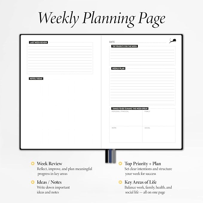 Daily Planner, Calendar & Life Organizer to Improve Time-Management, Productivity & Happiness | Vegan Leather Hardcover Notebook with Blank Dates, Undated 6 Months Hourly Planner for Men & Women, 24 Hour Agenda (Black)